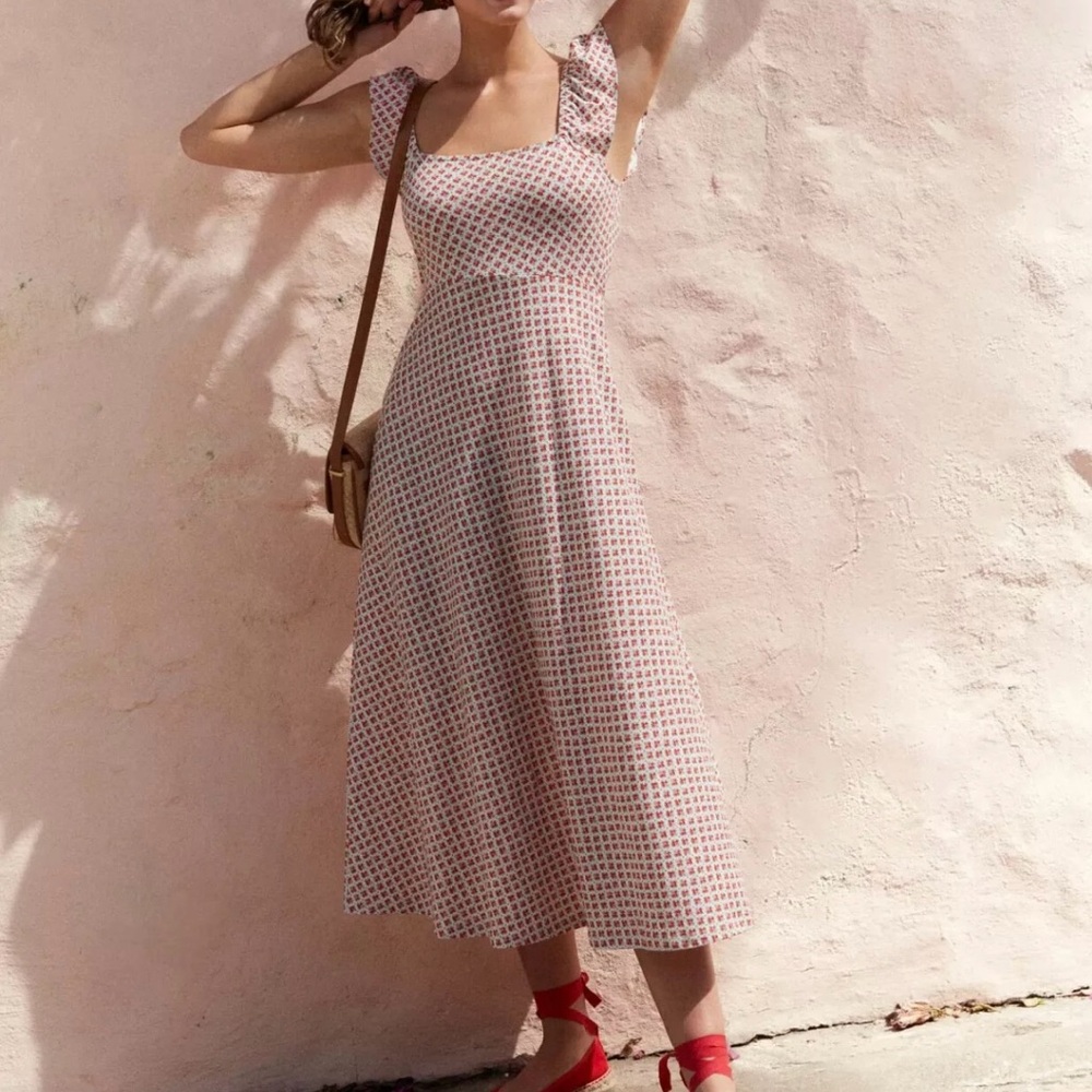 Boden Frill Detail Jersey Midi Dress Vermillion Bloom Bud